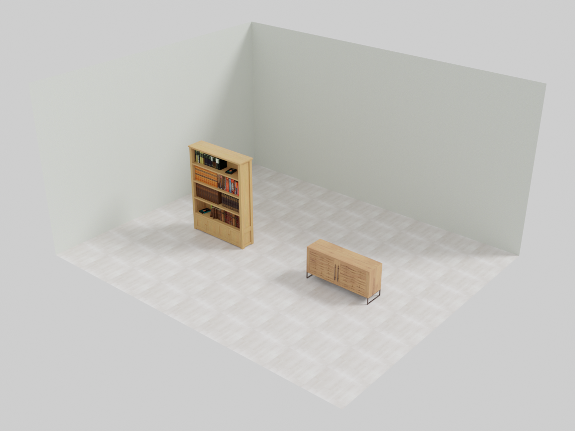 bookshelf and media console stranded in the middle of the floor