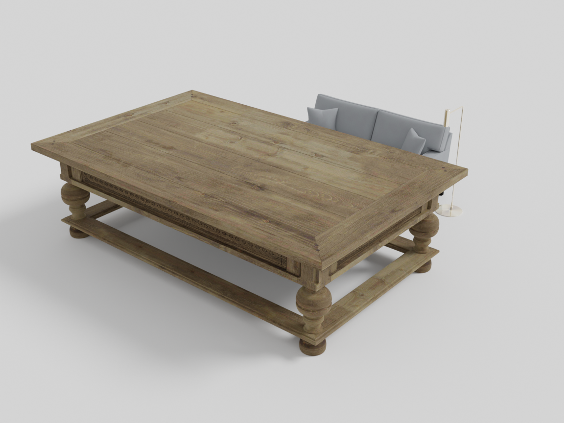 coffee table at 3x dwarfing its sofa, VLM muted