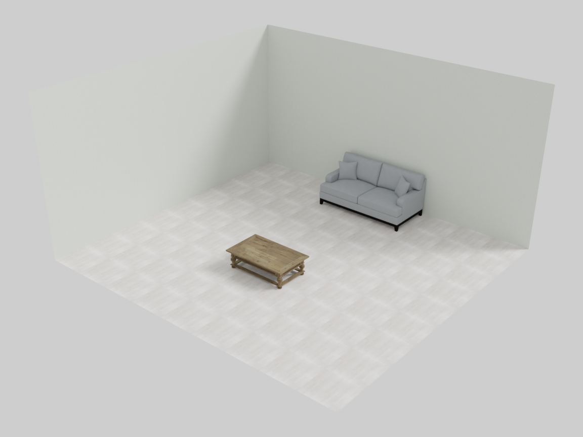 cavernous room dwarfing a sofa and coffee table